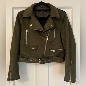Zara Olive Green Cropped Faux Suede Belted Moto Biker Jacket